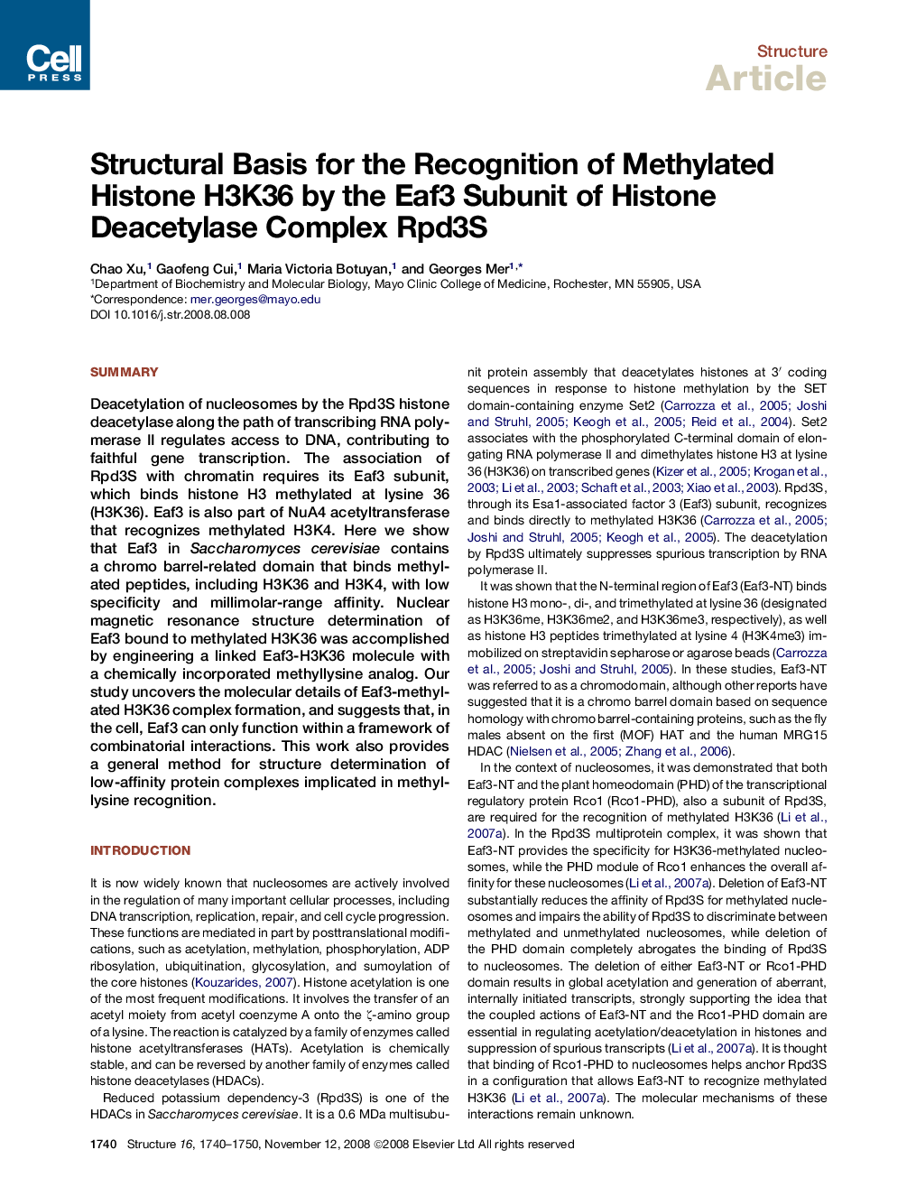 Structural Basis for the Recognition of Methylated Histone H3K36 by the Eaf3 Subunit of Histone Deacetylase Complex Rpd3S