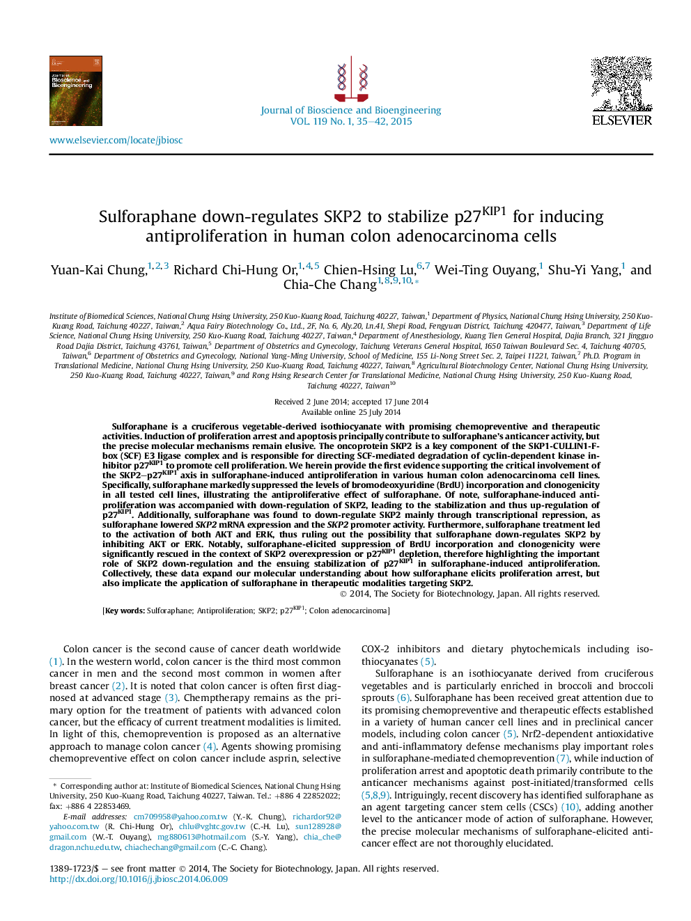 Sulforaphane down-regulates SKP2 to stabilize p27KIP1 for inducing antiproliferation in human colon adenocarcinoma cells