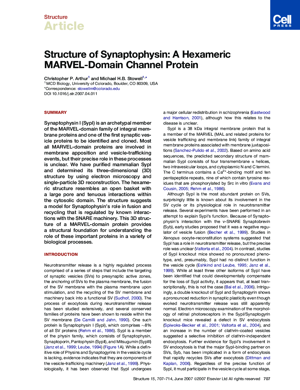 Structure of Synaptophysin: A Hexameric MARVEL-Domain Channel Protein