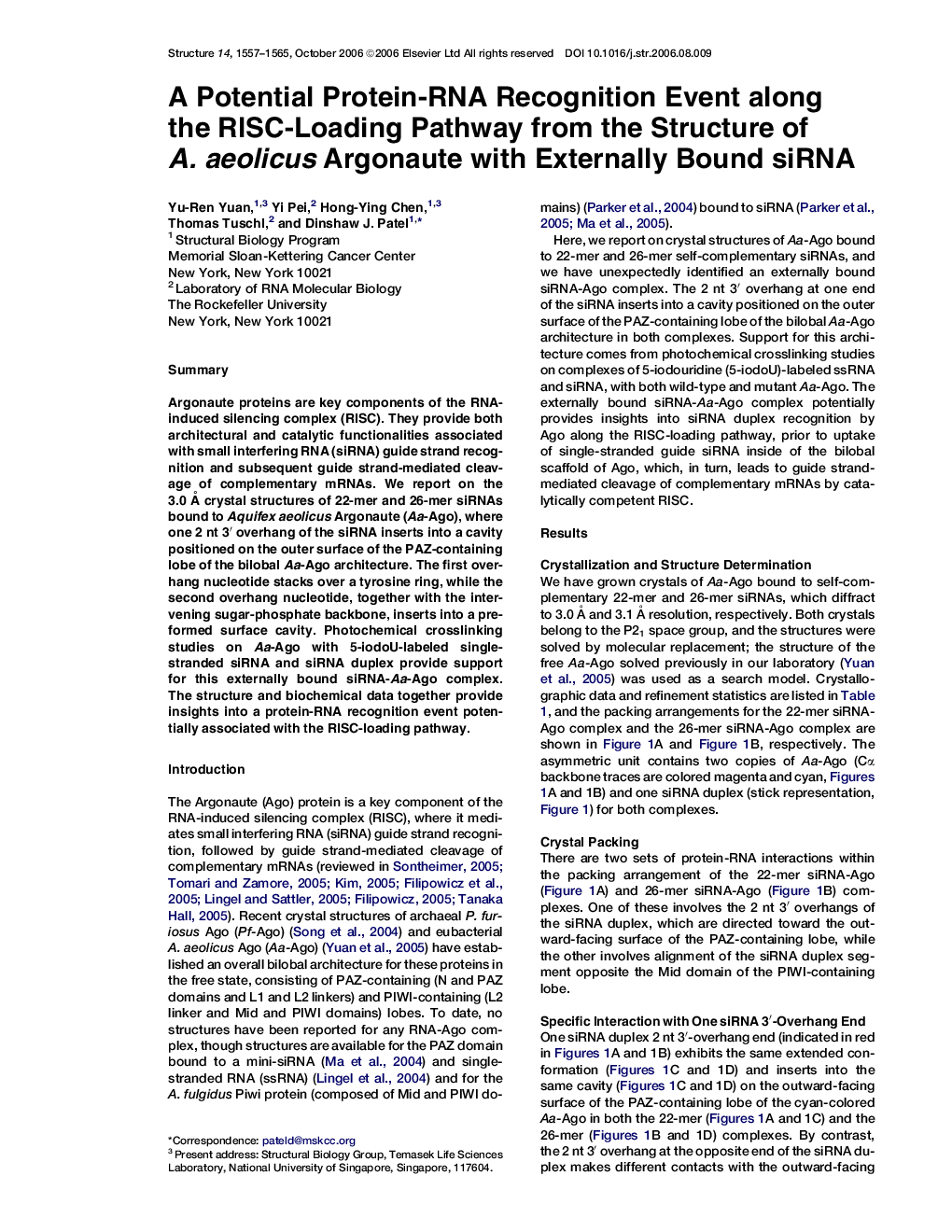 A Potential Protein-RNA Recognition Event along the RISC-Loading Pathway from the Structure of A. aeolicus Argonaute with Externally Bound siRNA