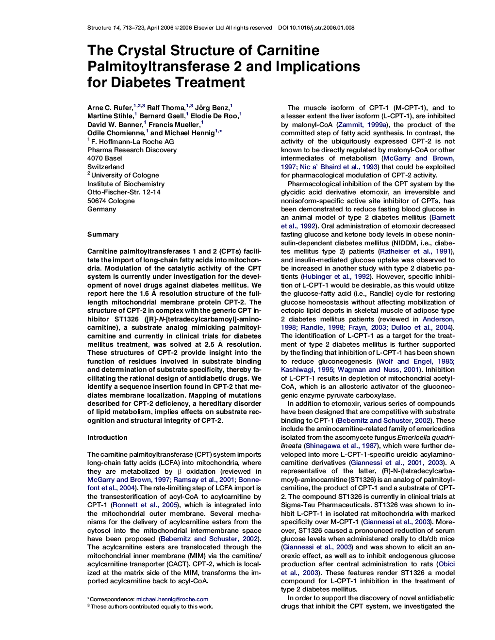 The Crystal Structure of Carnitine Palmitoyltransferase 2 and Implications for Diabetes Treatment