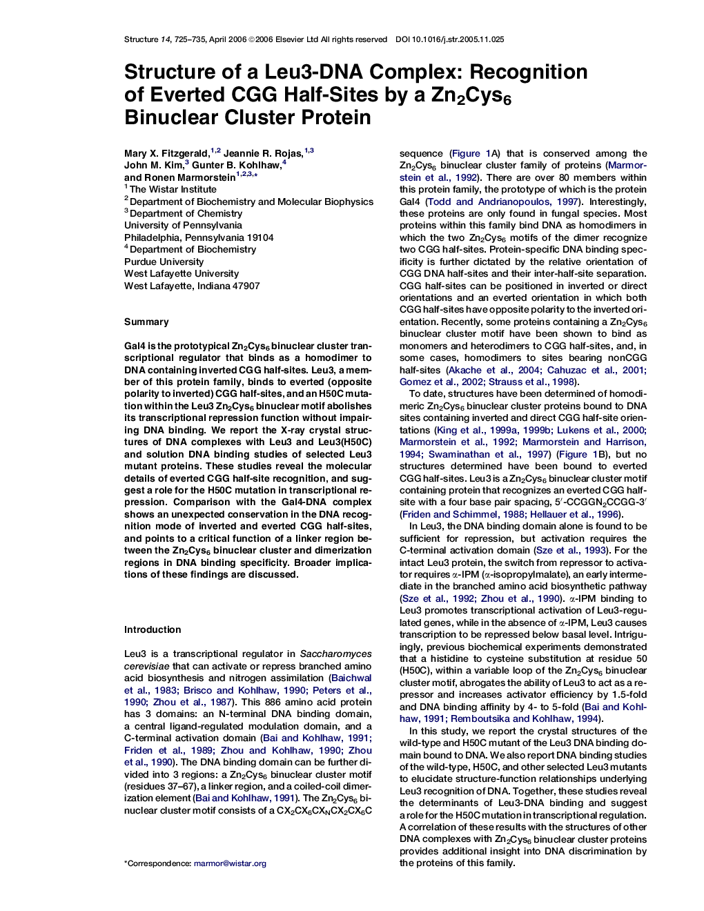 Structure of a Leu3-DNA Complex: Recognition of Everted CGG Half-Sites by a Zn2Cys6 Binuclear Cluster Protein