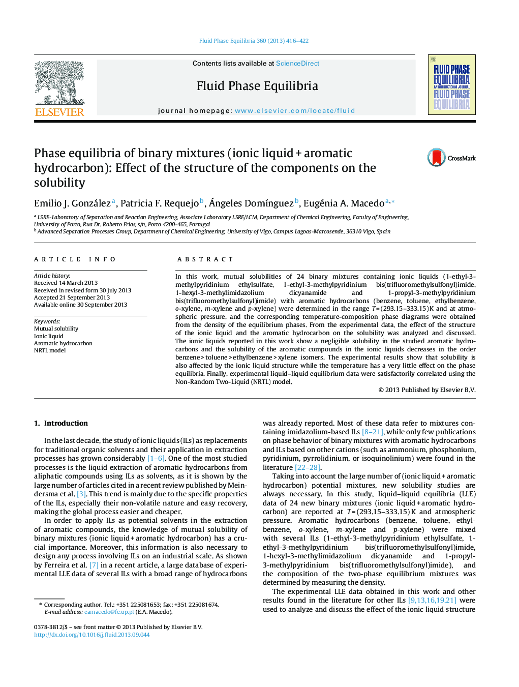 Phase equilibria of binary mixtures (ionic liquid + aromatic hydrocarbon): Effect of the structure of the components on the solubility