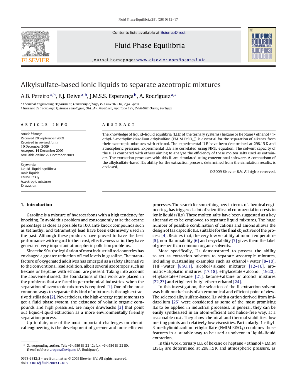 Alkylsulfate-based ionic liquids to separate azeotropic mixtures