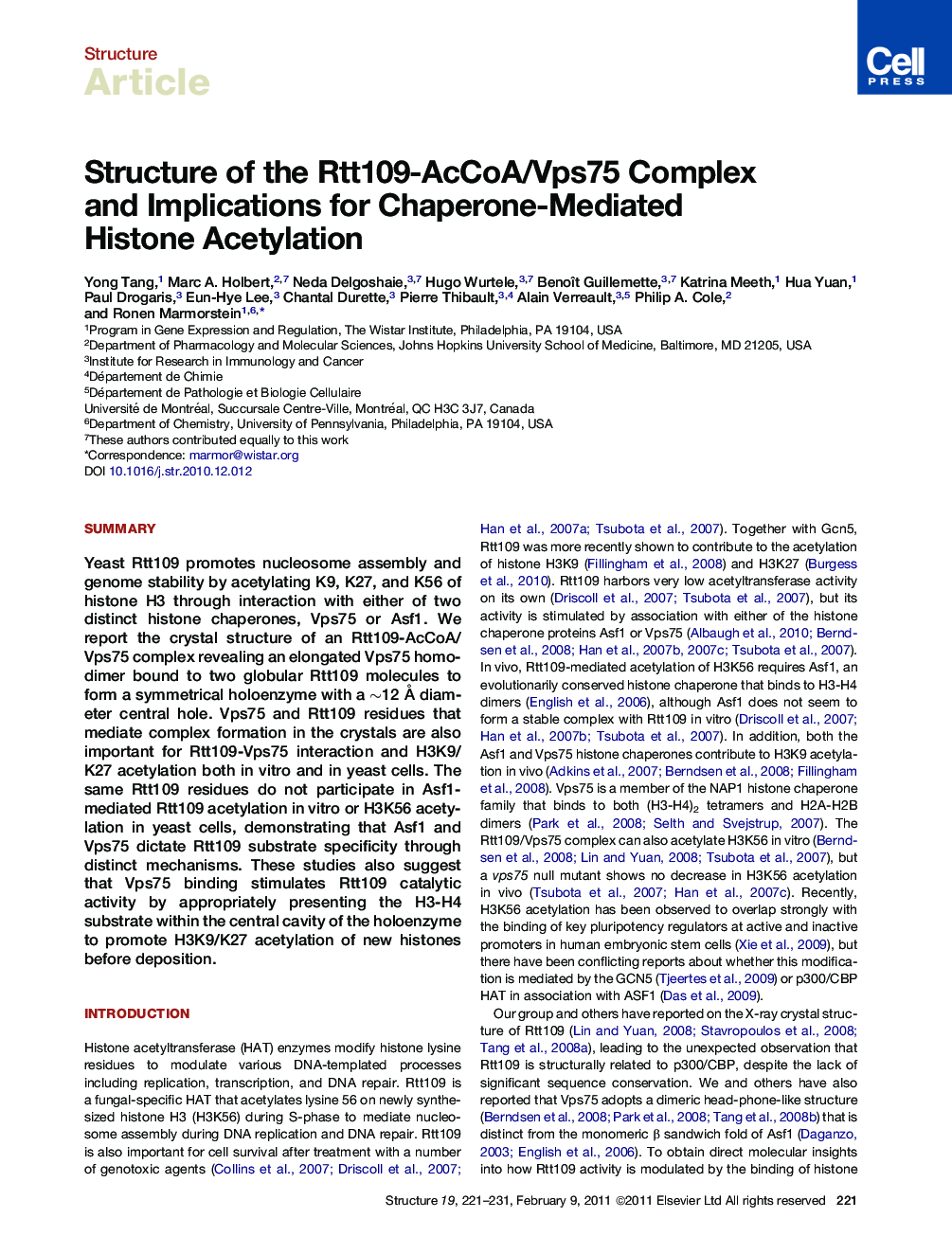 Structure of the Rtt109-AcCoA/Vps75 Complex and Implications for Chaperone-Mediated Histone Acetylation