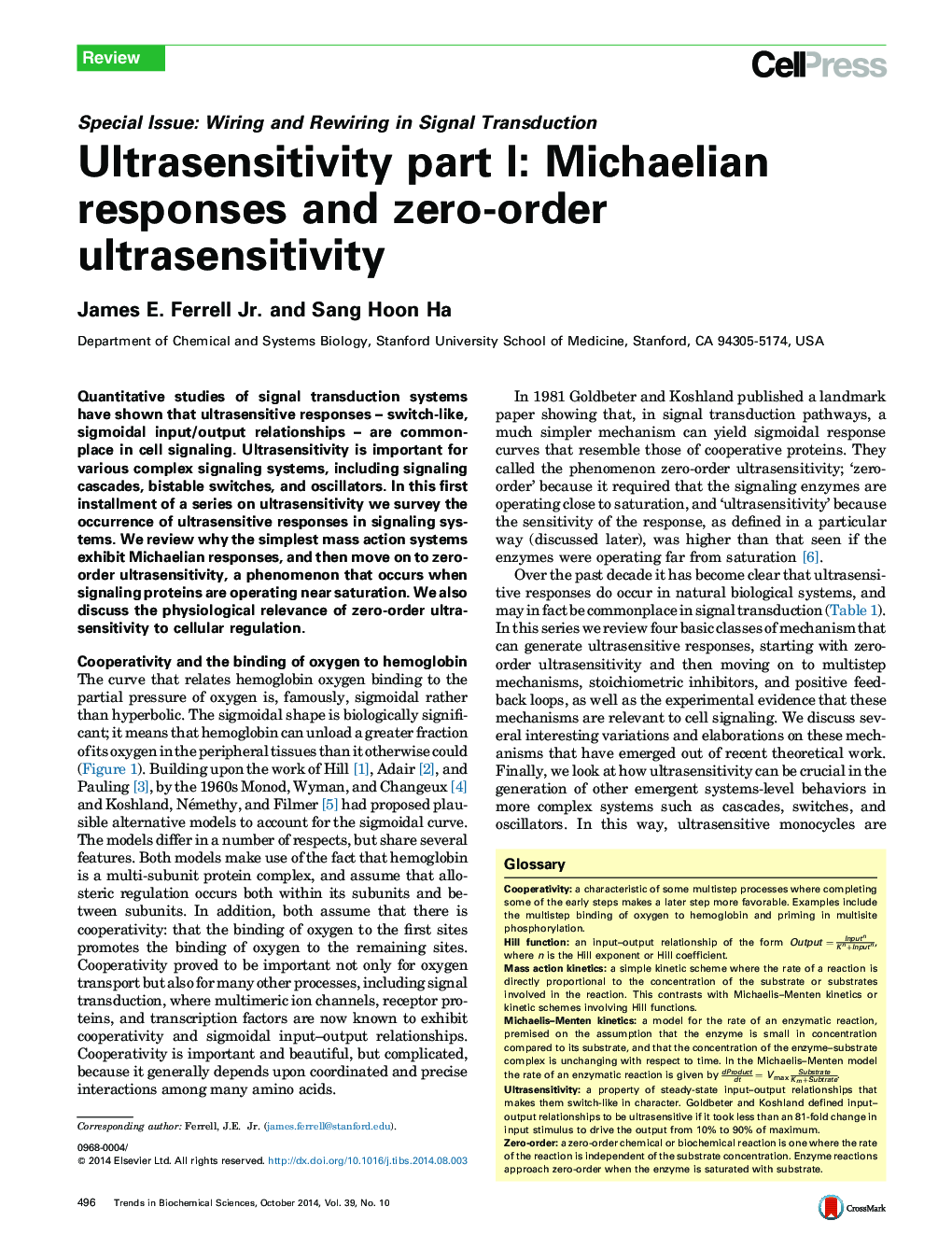Ultrasensitivity part I: Michaelian responses and zero-order ultrasensitivity