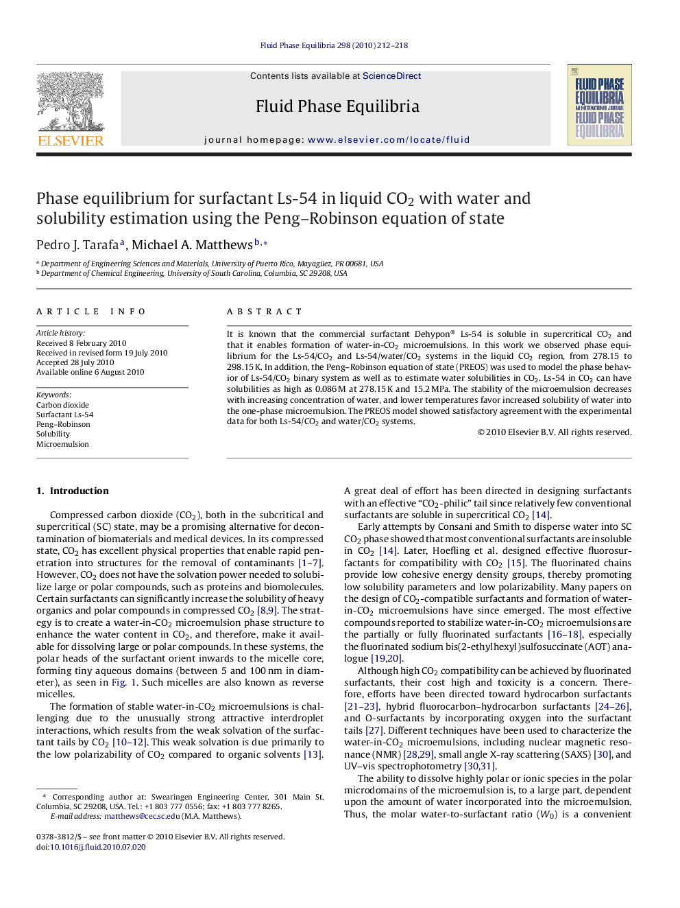 عکس صفحه اول مقاله: Phase equilibrium for surfactant Ls-54 in liquid CO2 with water and solubility estimation using the Peng–Robinson equation of state Phase equilibrium for surfactant Ls-54 in liquid CO2 with water and solubility estimation using the Peng–Robinson equation of state