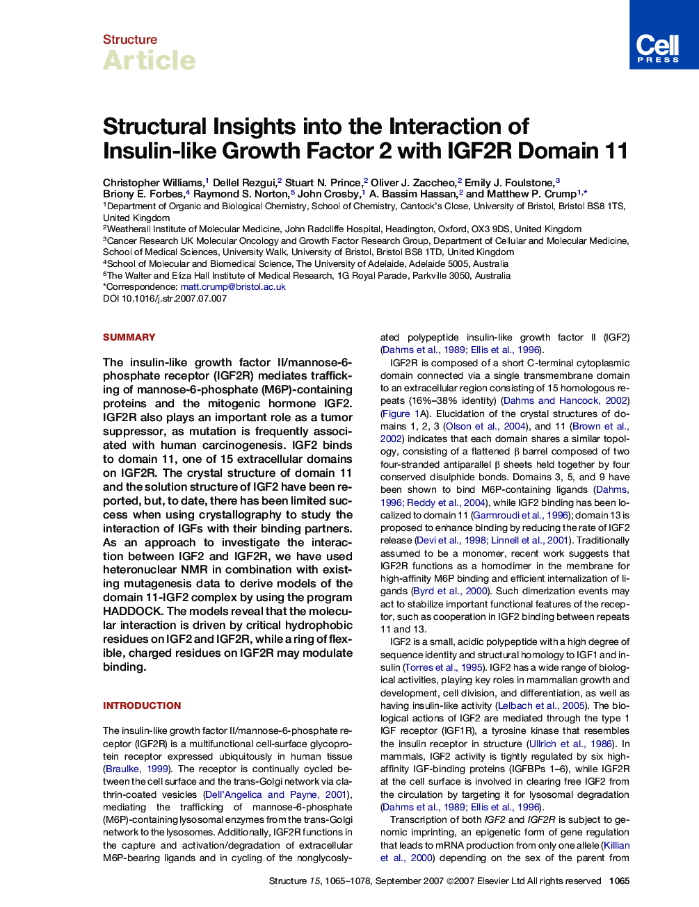 Structural Insights into the Interaction of Insulin-like Growth Factor 2 with IGF2R Domain 11