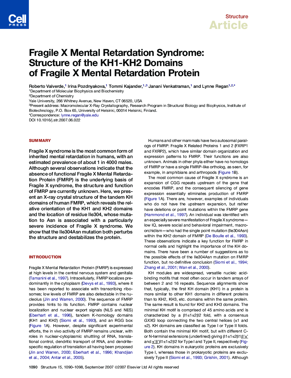 Fragile X Mental Retardation Syndrome: Structure of the KH1-KH2 Domains of Fragile X Mental Retardation Protein