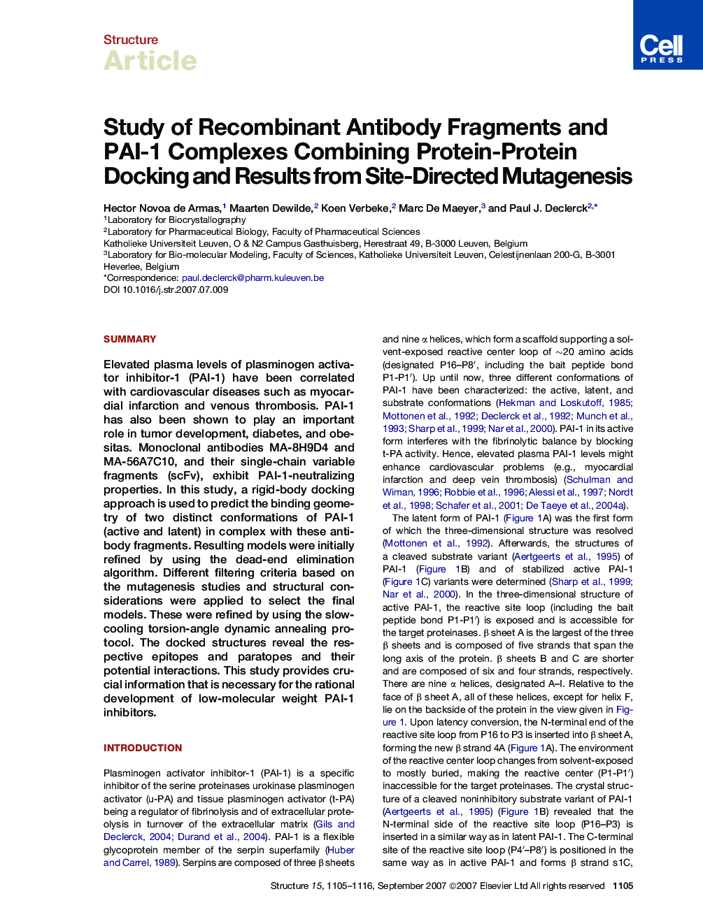 Study of Recombinant Antibody Fragments and PAI-1 Complexes Combining Protein-Protein Docking and Results from Site-Directed Mutagenesis