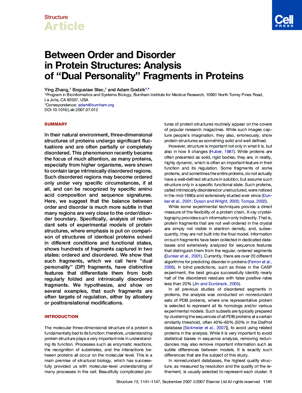 Between Order and Disorder in Protein Structures: Analysis of “Dual Personality” Fragments in Proteins