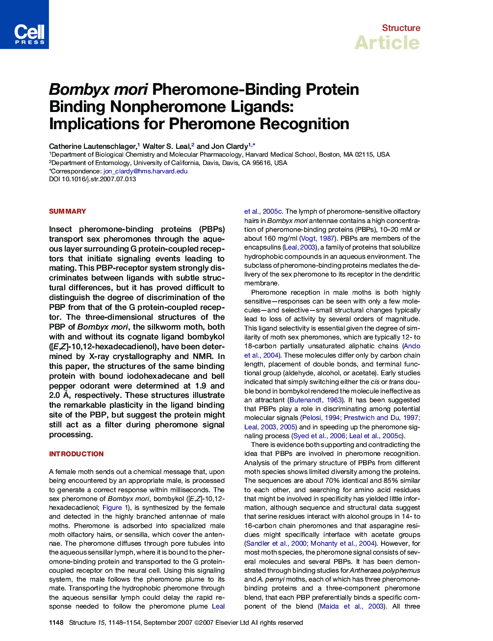 Bombyx mori Pheromone-Binding Protein Binding Nonpheromone Ligands: Implications for Pheromone Recognition