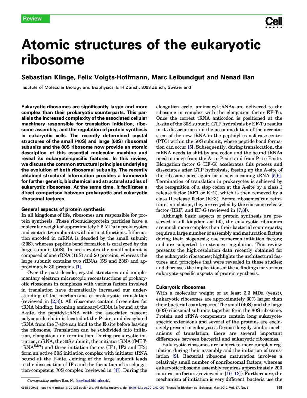 Atomic structures of the eukaryotic ribosome