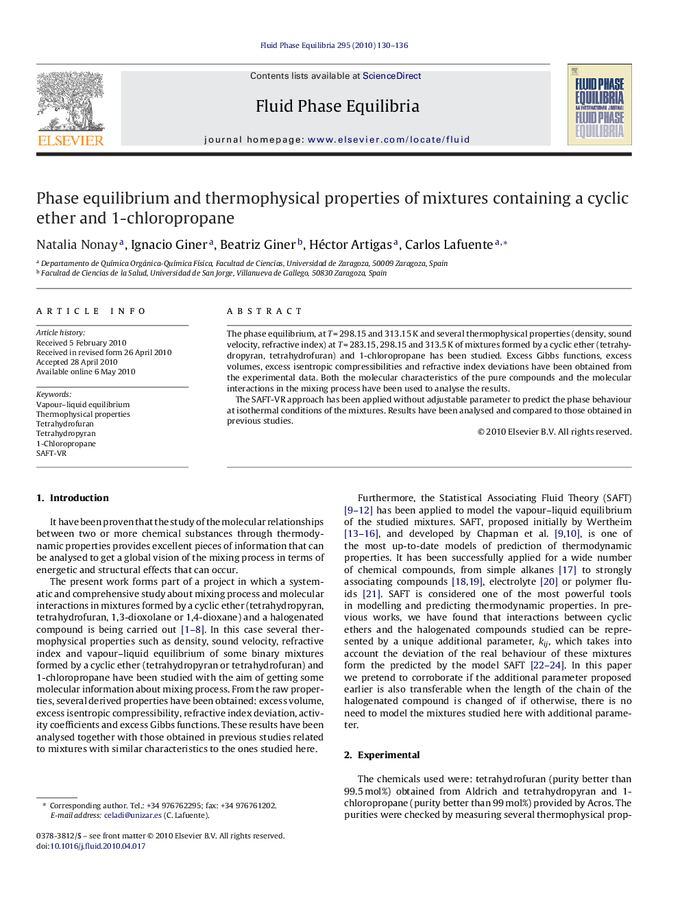 Phase equilibrium and thermophysical properties of mixtures containing a cyclic ether and 1-chloropropane