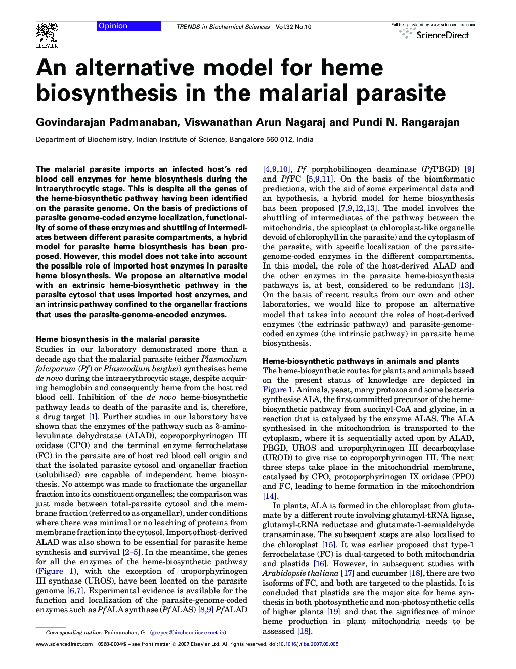 An alternative model for heme biosynthesis in the malarial parasite