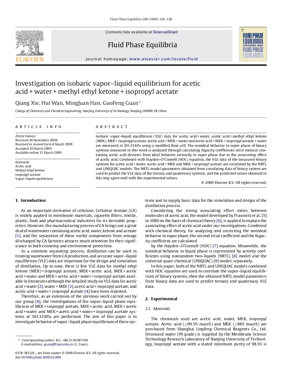 Investigation on isobaric vapor–liquid equilibrium for acetic acid + water + methyl ethyl ketone + isopropyl acetate