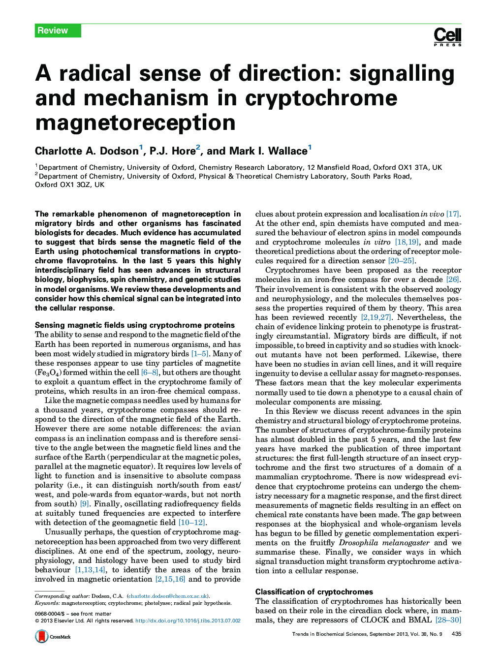 عکس صفحه اول مقاله: A radical sense of direction: signalling and mechanism in cryptochrome magnetoreception A radical sense of direction: signalling and mechanism in cryptochrome magnetoreception