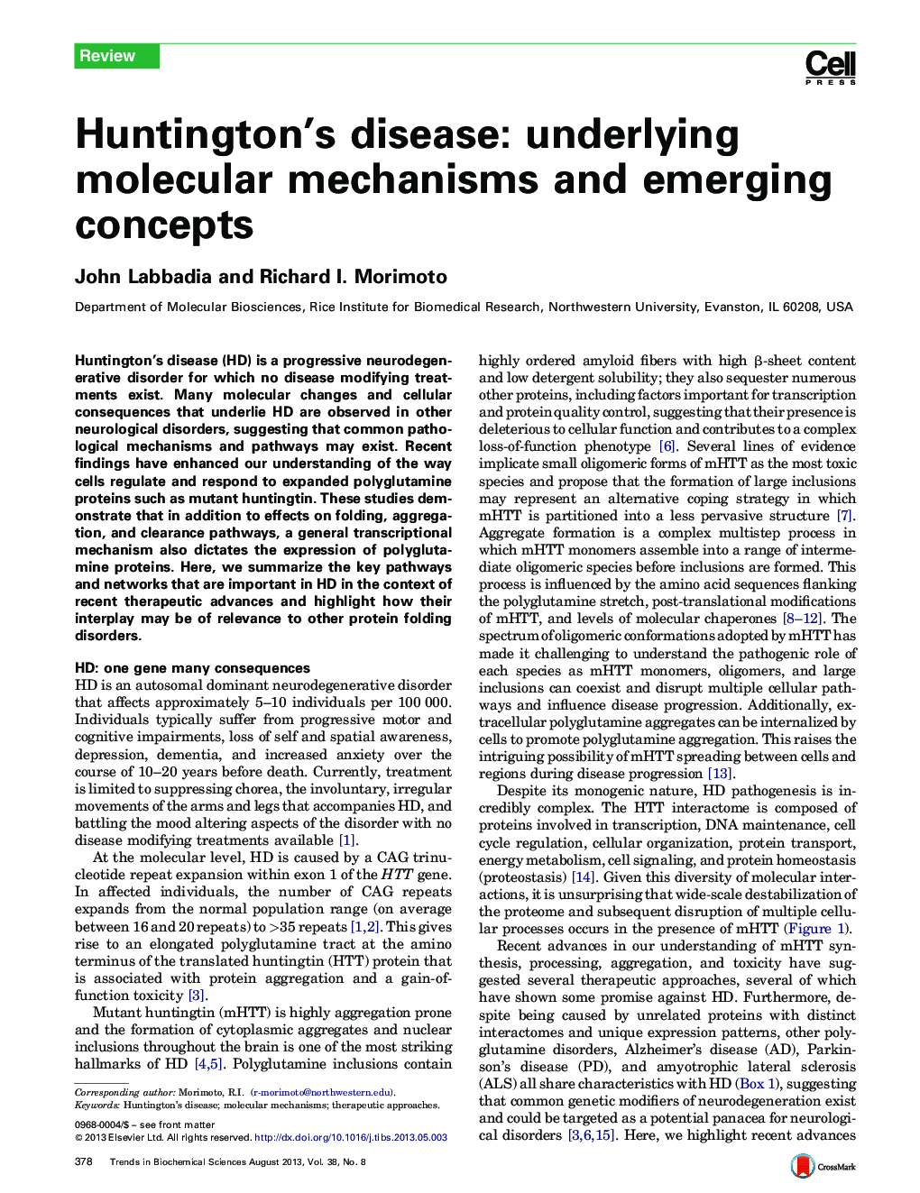 Huntington's disease: underlying molecular mechanisms and emerging concepts