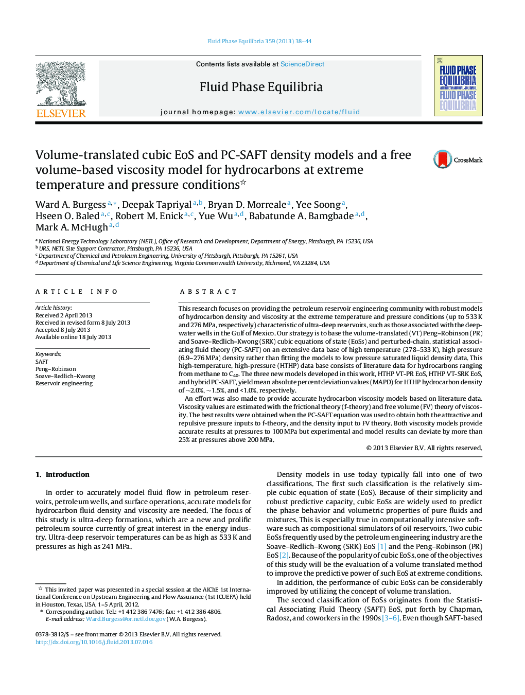 Volume-translated cubic EoS and PC-SAFT density models and a free volume-based viscosity model for hydrocarbons at extreme temperature and pressure conditions 