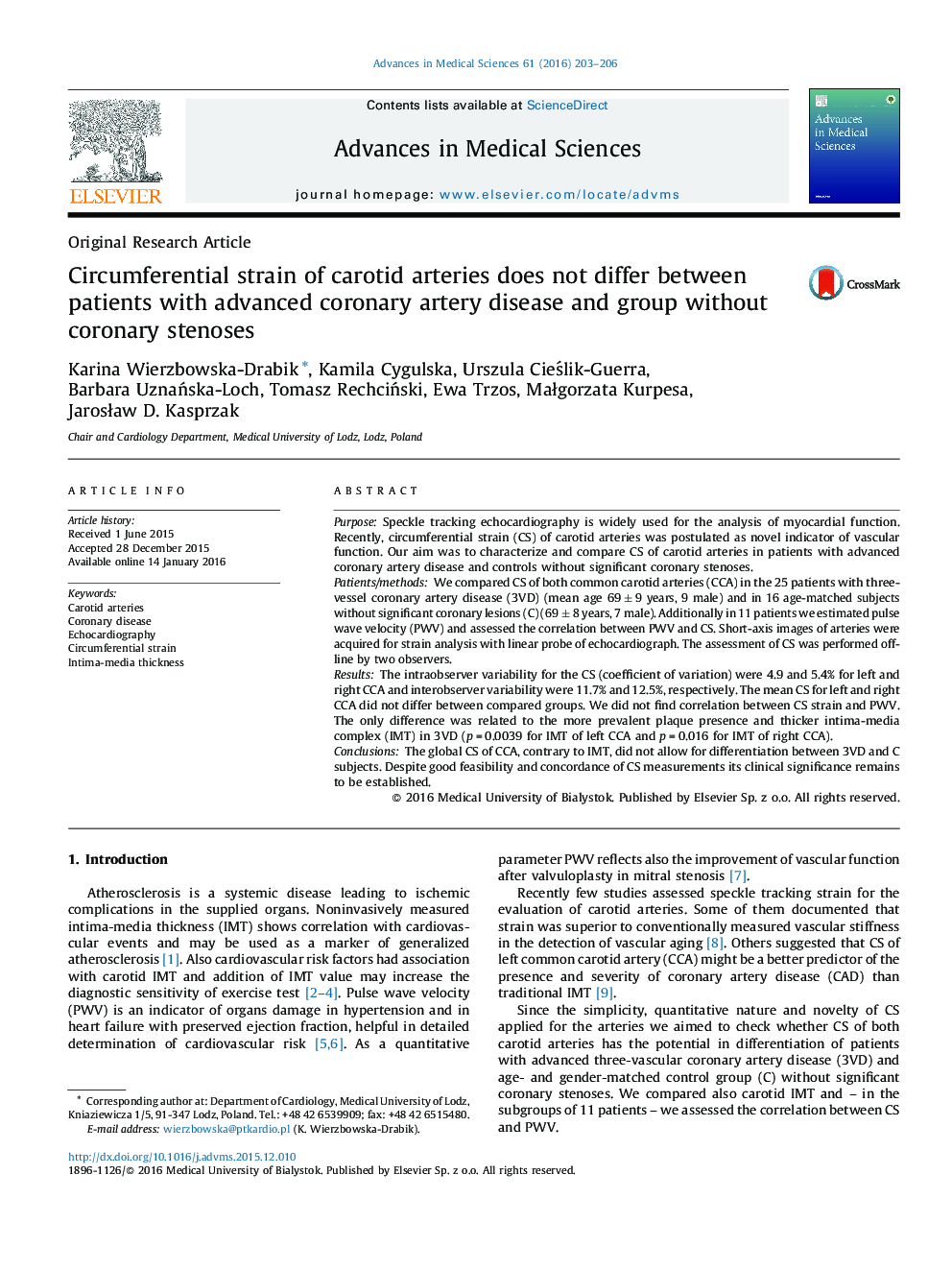 Circumferential strain of carotid arteries does not differ between patients with advanced coronary artery disease and group without coronary stenoses