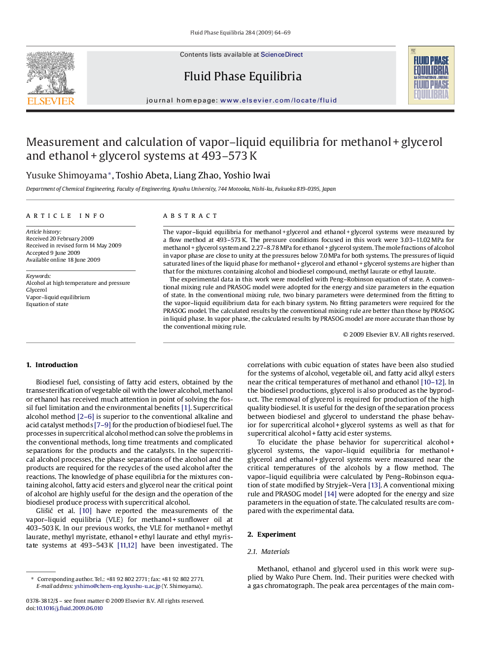 Measurement and calculation of vapor–liquid equilibria for methanol + glycerol and ethanol + glycerol systems at 493–573 K