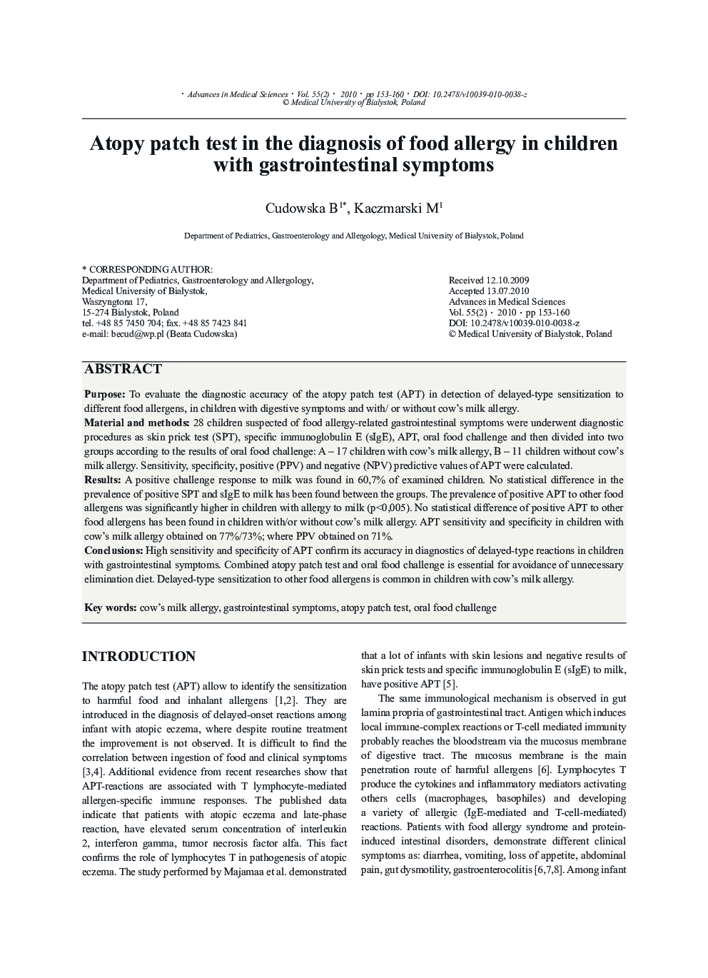 Atopy patch test in the diagnosis of food allergy in children with gastrointestinal symptoms