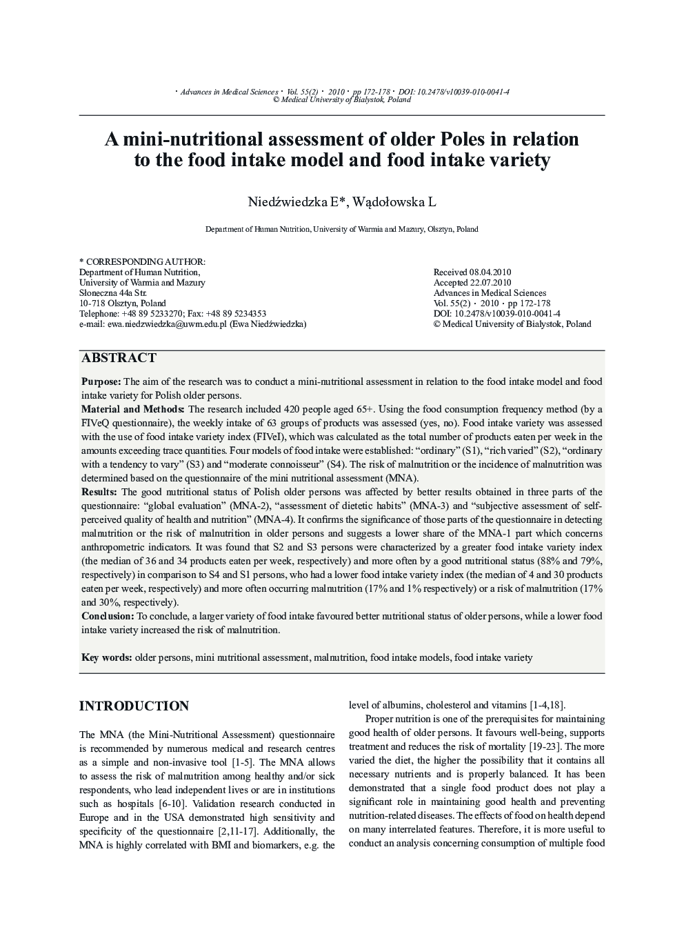 A mini-nutritional assessment of older Poles in relation to the food intake model and food intake variety