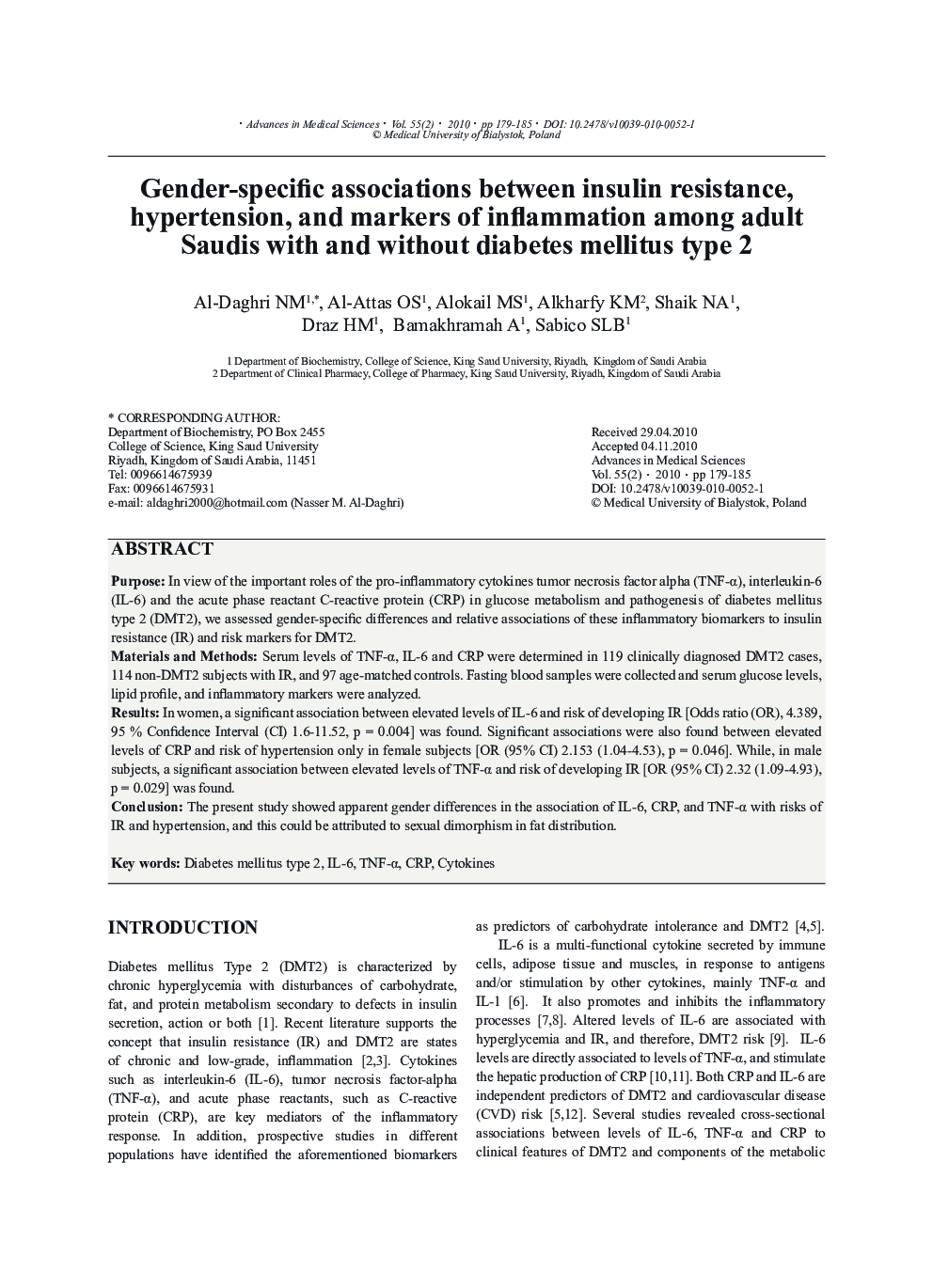 Gender-specific associations between insulin resistance, hypertension, and markers of inflammation among adult Saudis with and without diabetes mellitus type 2