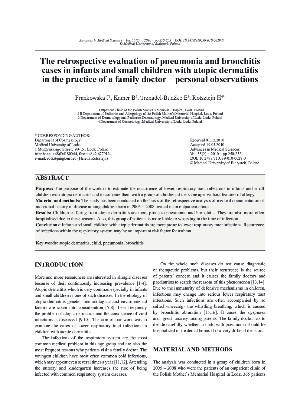 The retrospective evaluation of pneumonia and bronchitis cases in infants and small children with atopic dermatitis in the practice of a family doctor - personal observations