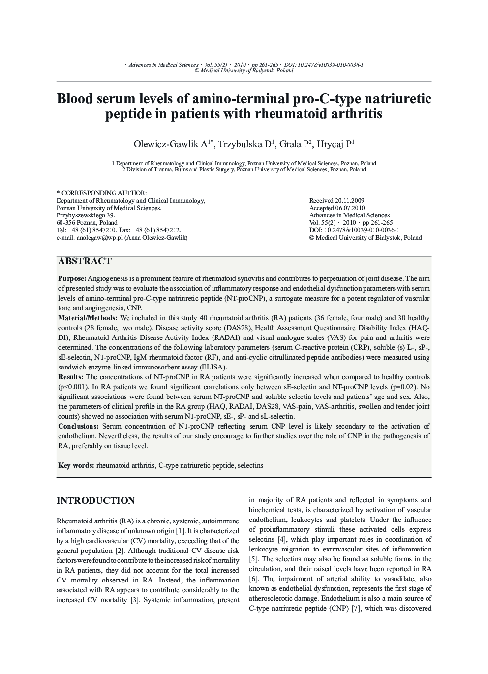 Blood serum levels of amino-terminal pro-C-type natriuretic peptide in patients with rheumatoid arthritis