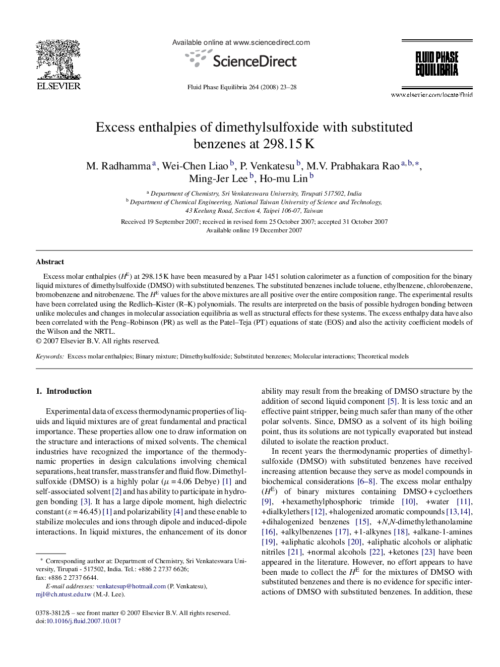 Excess enthalpies of dimethylsulfoxide with substituted benzenes at 298.15 K