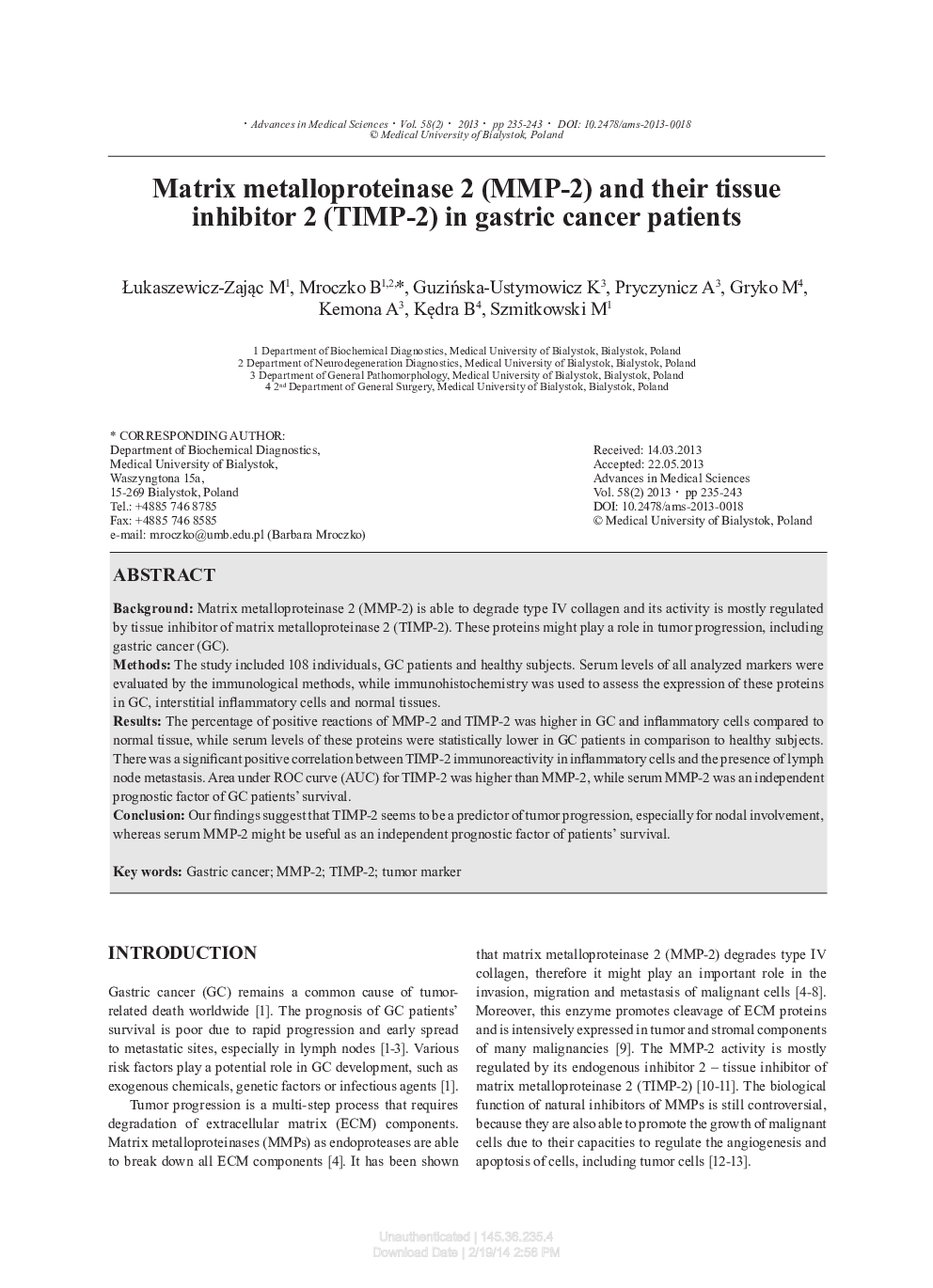 Matrix metalloproteinase 2 (MMP-2) and their tissue inhibitor 2 (TIMP-2) in gastric cancer patients