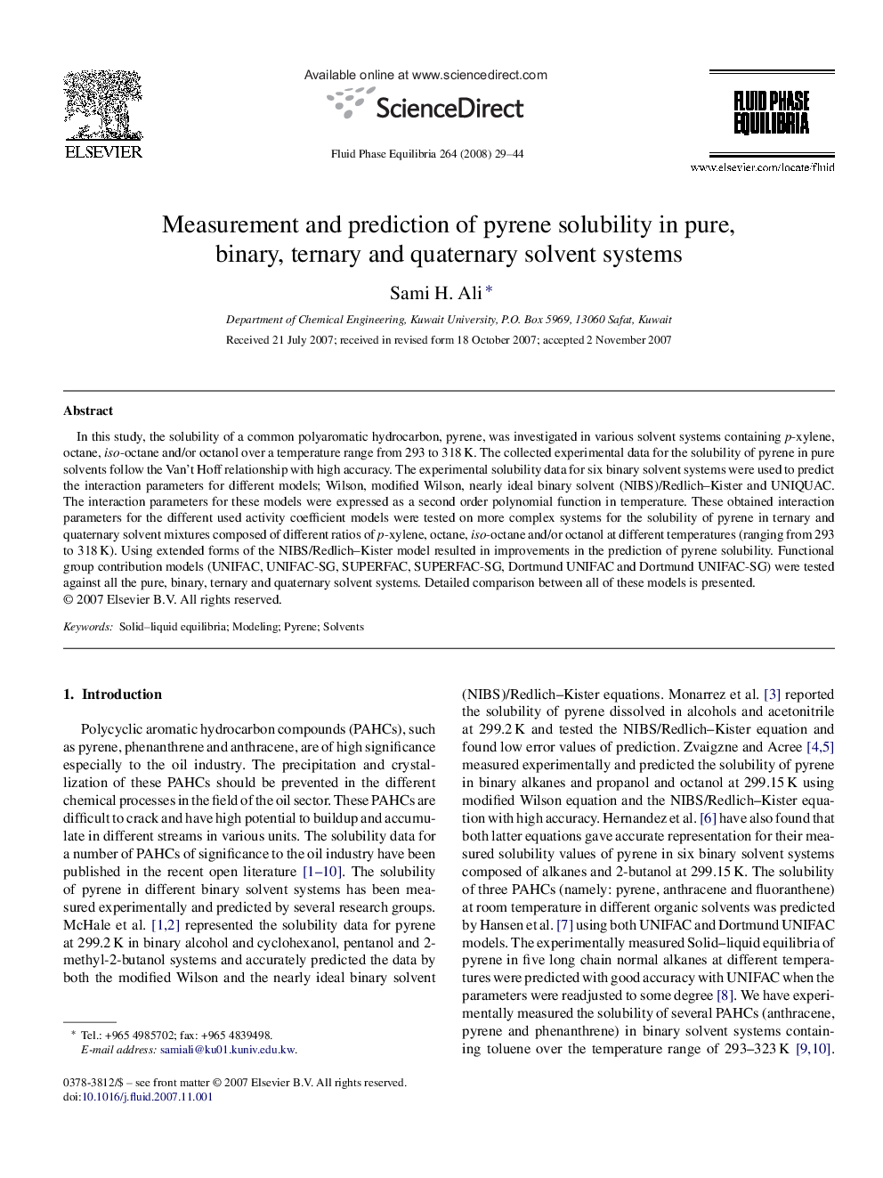 Measurement and prediction of pyrene solubility in pure, binary, ternary and quaternary solvent systems