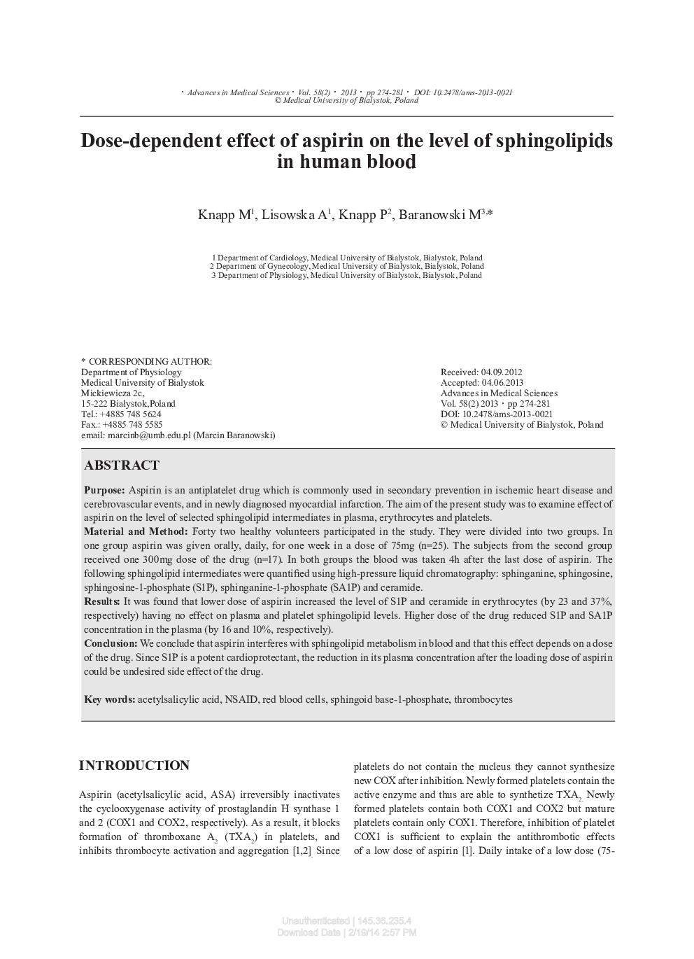 Dose-dependent effect of aspirin on the level of sphingolipids in human blood