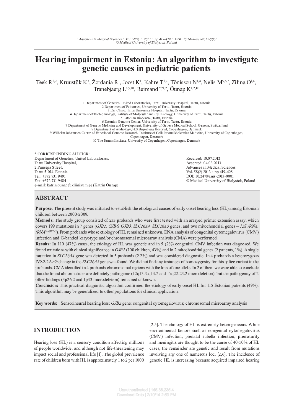 Hearing impairment in Estonia: An algorithm to investigate genetic causes in pediatric patients