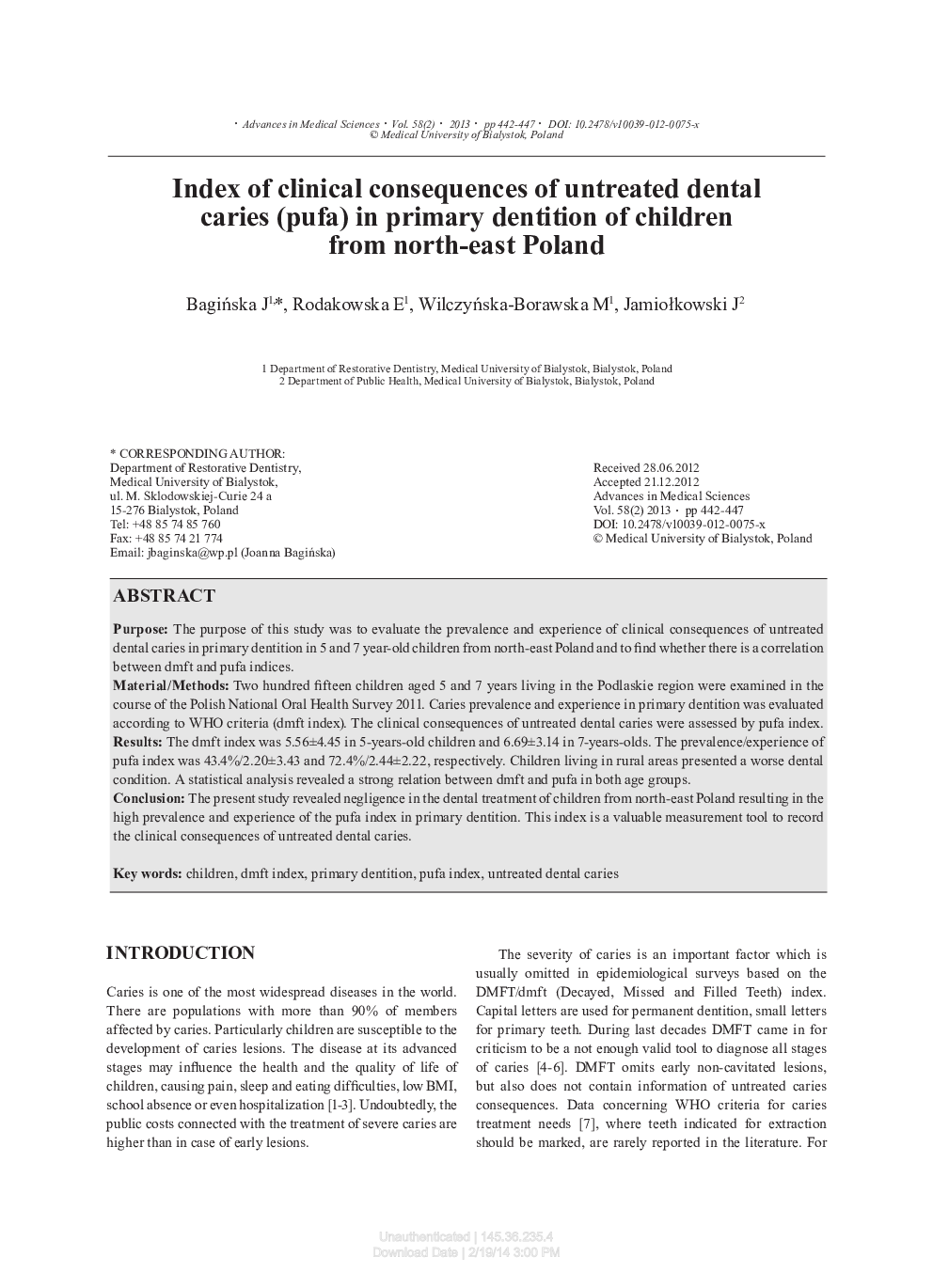 Index of clinical consequences of untreated dental caries (pufa) in primary dentition of children from north-east Poland