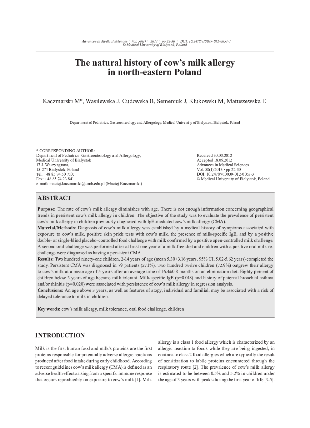 The natural history of cow's milk allergy in north-eastern Poland