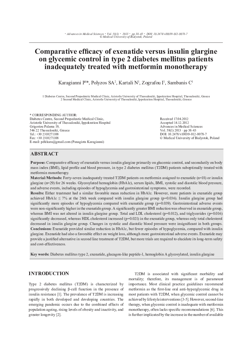 Comparative efficacy of exenatide versus insulin glargine on glycemic control in type 2 diabetes mellitus patients inadequately treated with metformin monotherapy