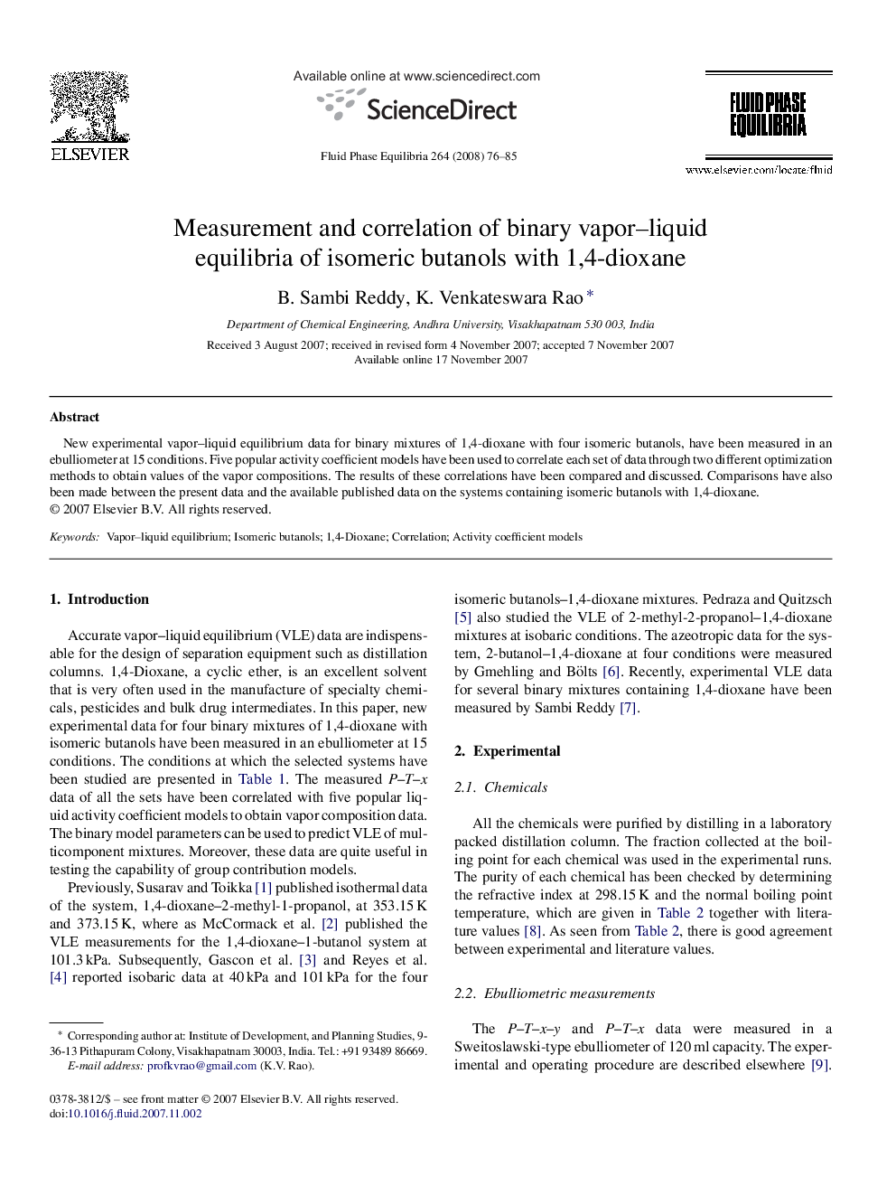 Measurement and correlation of binary vapor–liquid equilibria of isomeric butanols with 1,4-dioxane