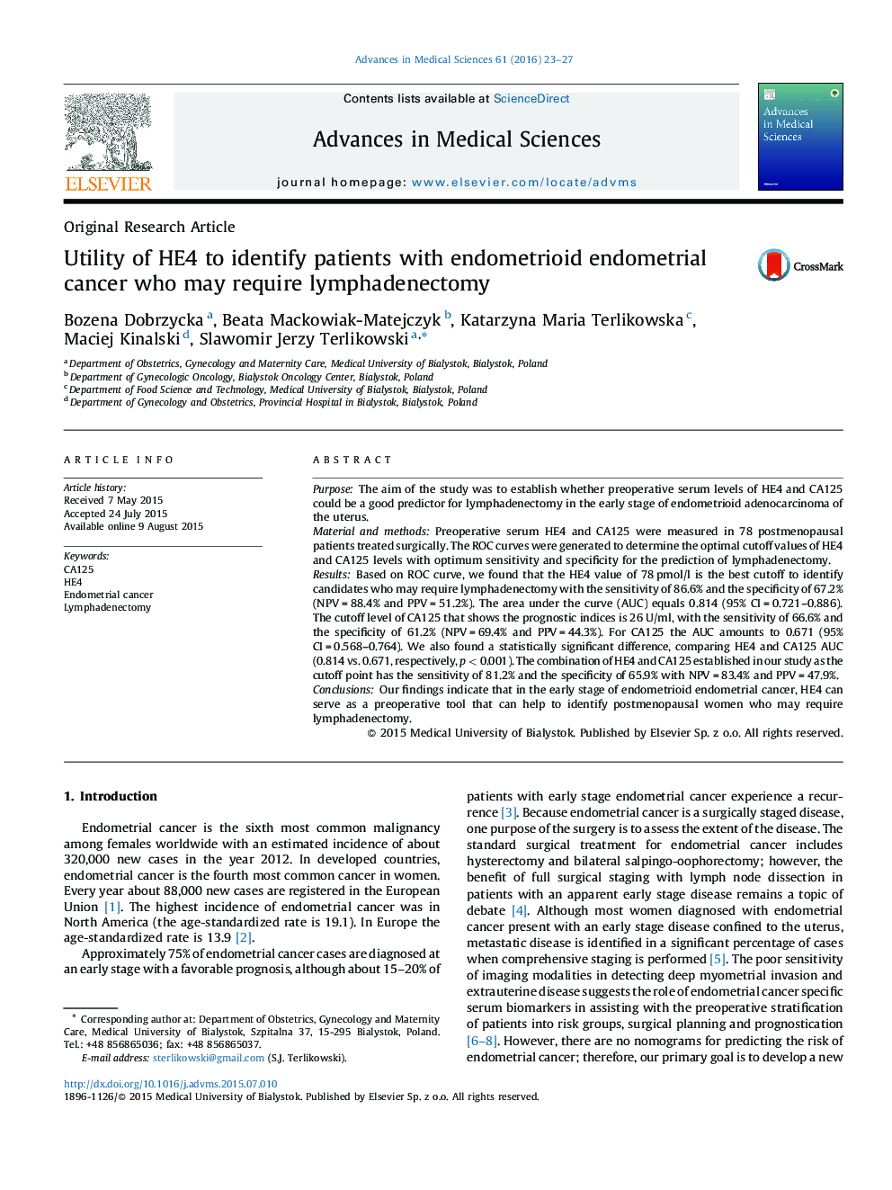 Utility of HE4 to identify patients with endometrioid endometrial cancer who may require lymphadenectomy