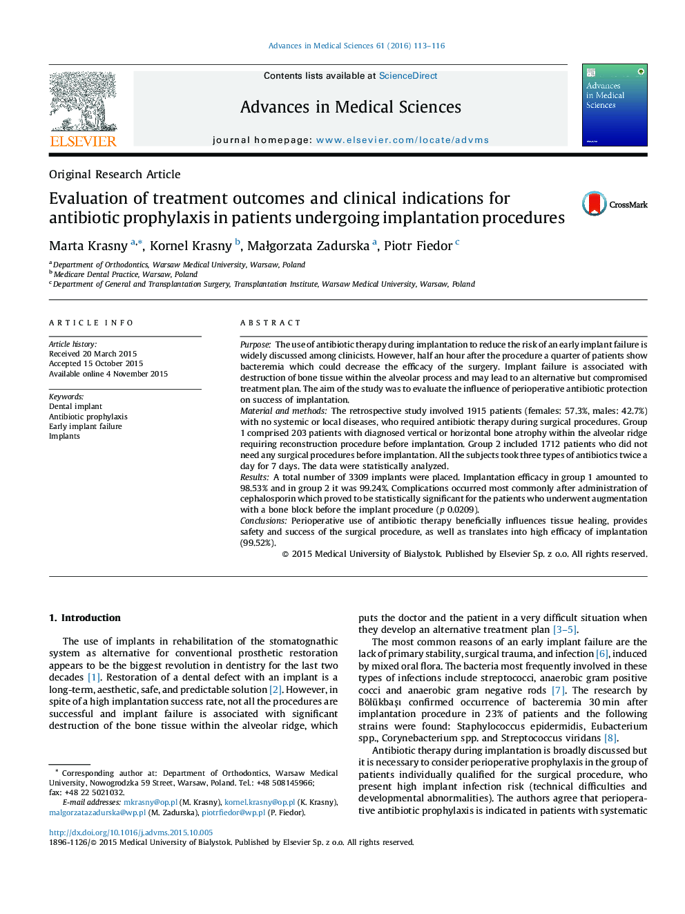 Evaluation of treatment outcomes and clinical indications for antibiotic prophylaxis in patients undergoing implantation procedures