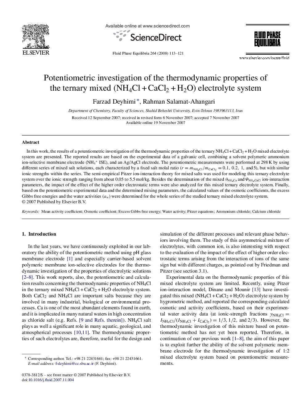 Potentiometric investigation of the thermodynamic properties of the ternary mixed (NH4Cl + CaCl2 + H2O) electrolyte system