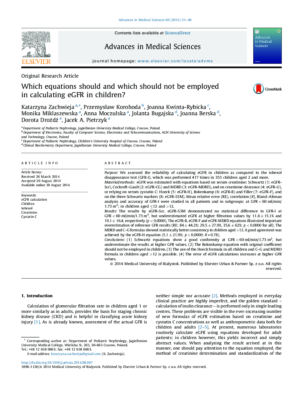 Which equations should and which should not be employed in calculating eGFR in children?