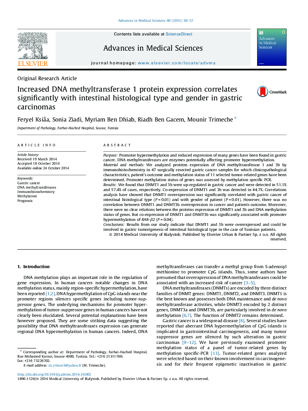 Increased DNA methyltransferase 1 protein expression correlates significantly with intestinal histological type and gender in gastric carcinomas