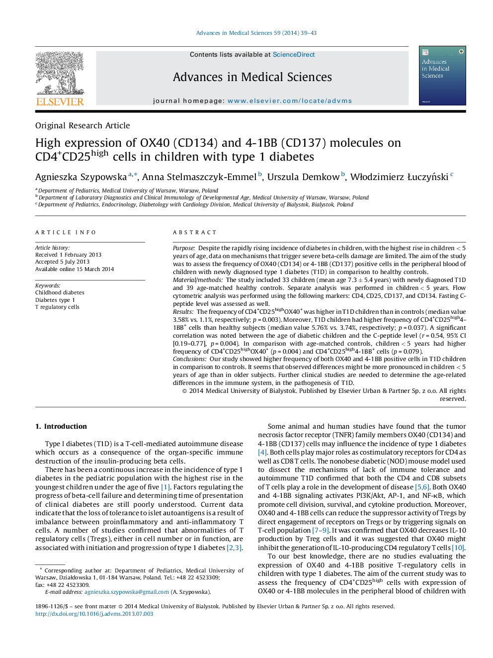 High expression of OX40 (CD134) and 4-1BB (CD137) molecules on CD4+CD25high cells in children with type 1 diabetes