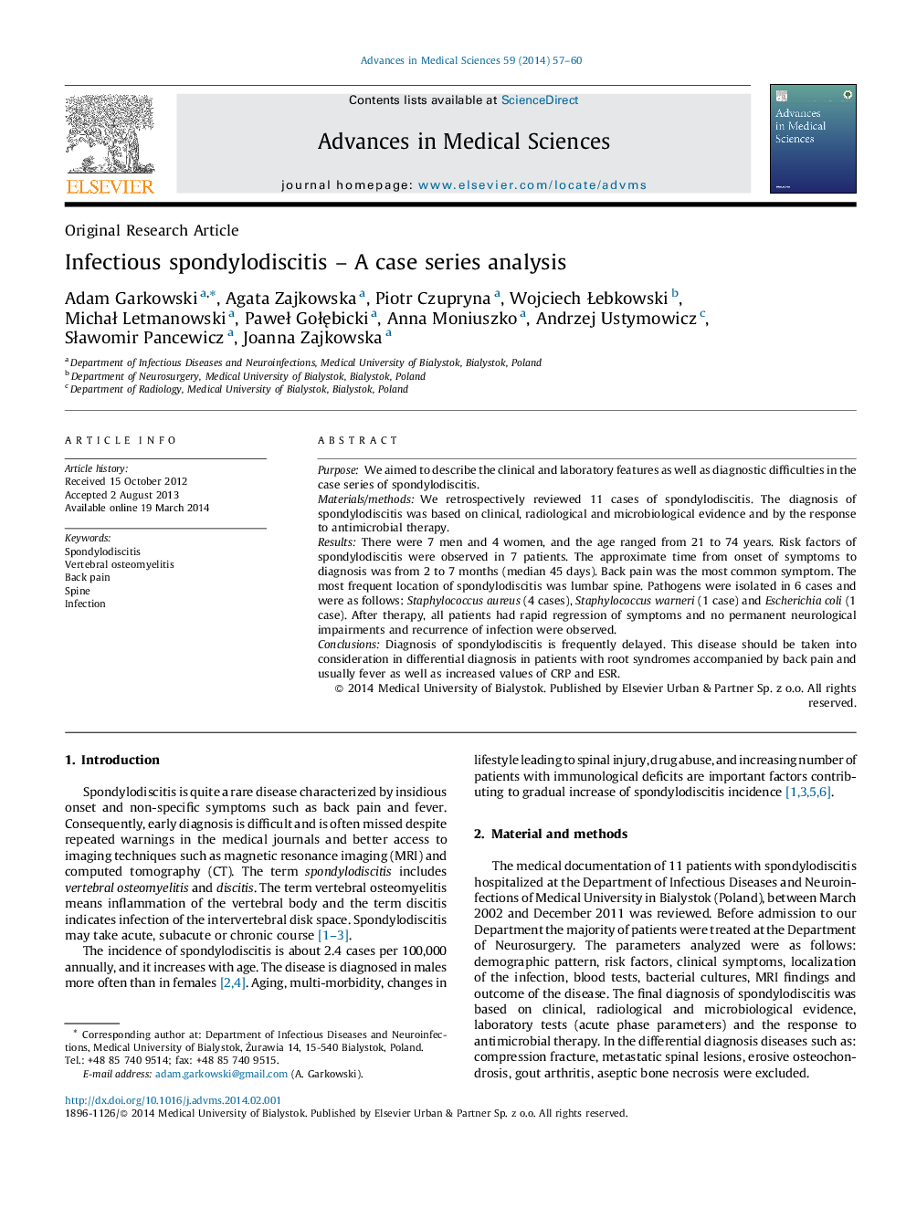 Infectious spondylodiscitis – A case series analysis