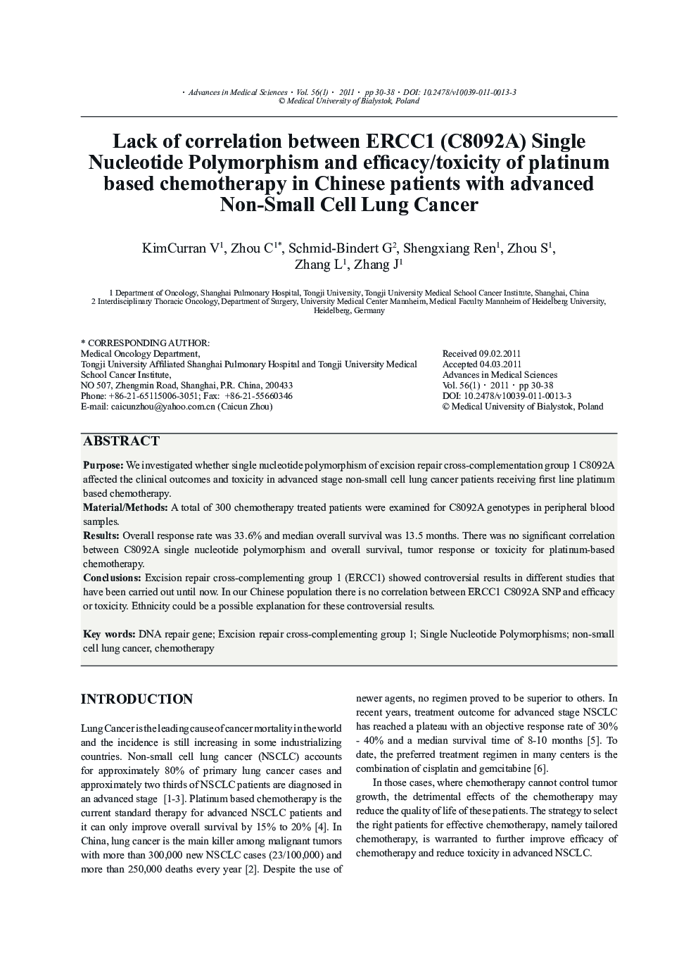 Lack of correlation between ERCC1 (C8092A) Single Nucleotide Polymorphism and efficacy/toxicity of platinum based chemotherapy in Chinese patients with advanced Non-Small Cell Lung Cancer