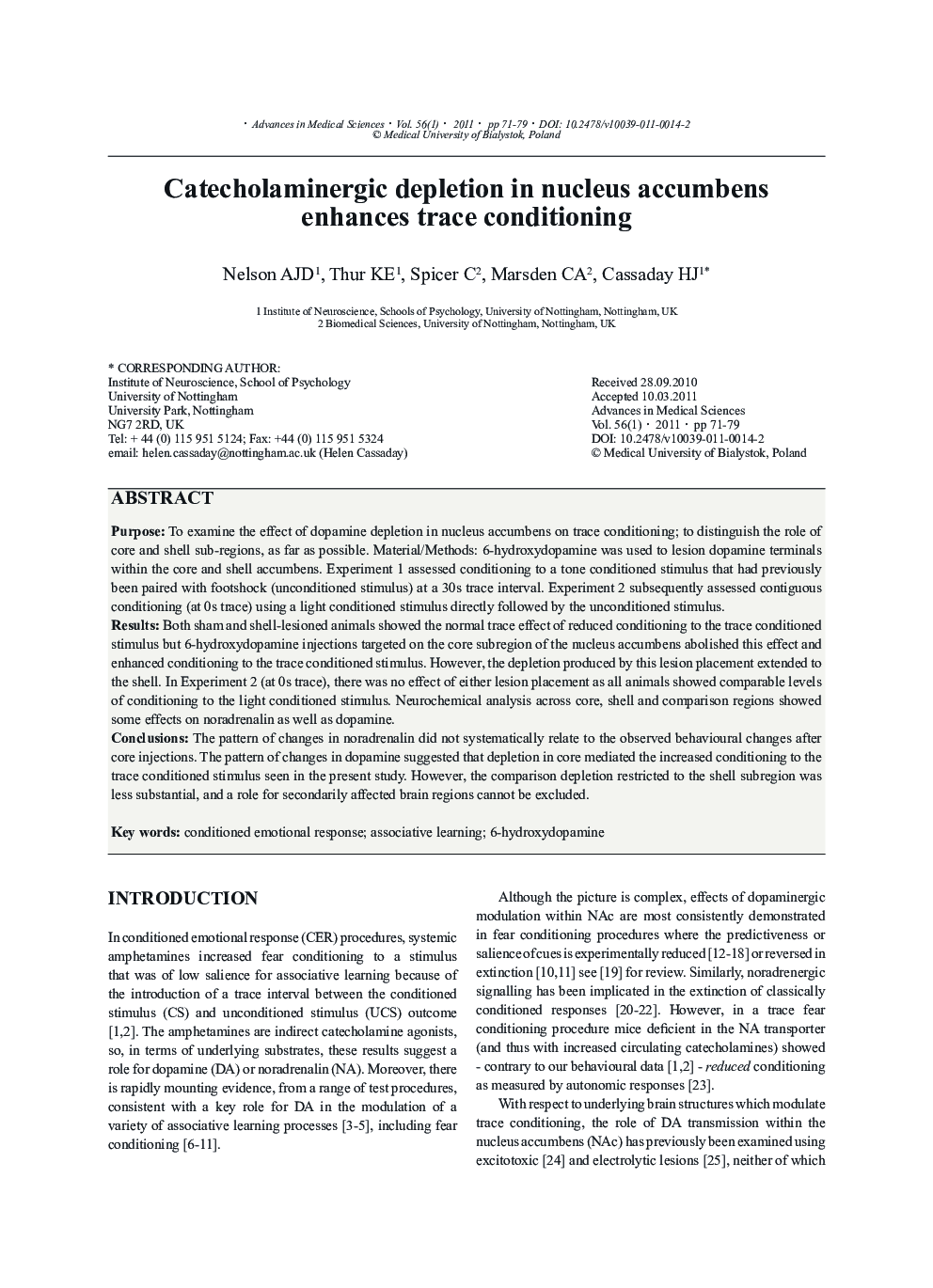 Catecholaminergic depletion in nucleus accumbens enhances trace conditioning