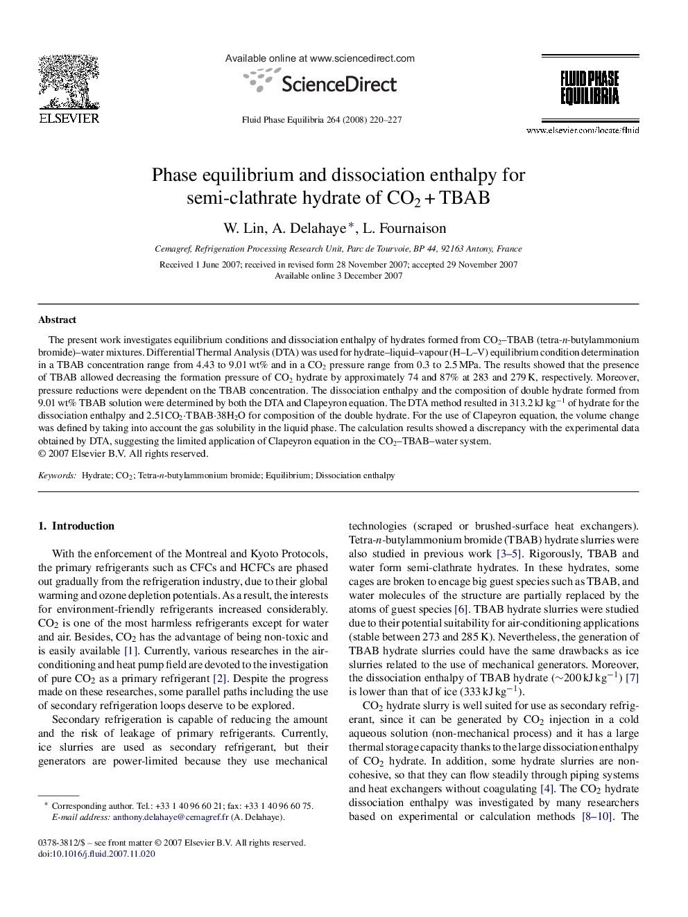 Phase equilibrium and dissociation enthalpy for semi-clathrate hydrate of CO2 + TBAB