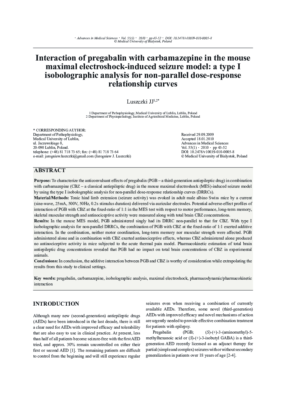 Interaction of pregabalin with carbamazepine in the mouse maximal electroshock-induced seizure model: a type I isobolographic analysis for non-parallel dose-response relationship curves